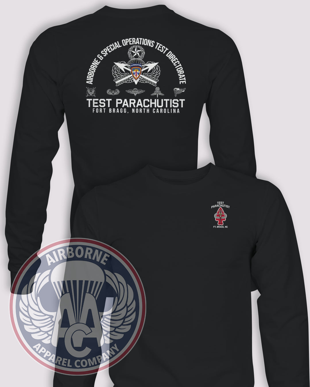 Test Parachutist ABNSOTD Long-Sleeve T-Shirt, Black, front and back views