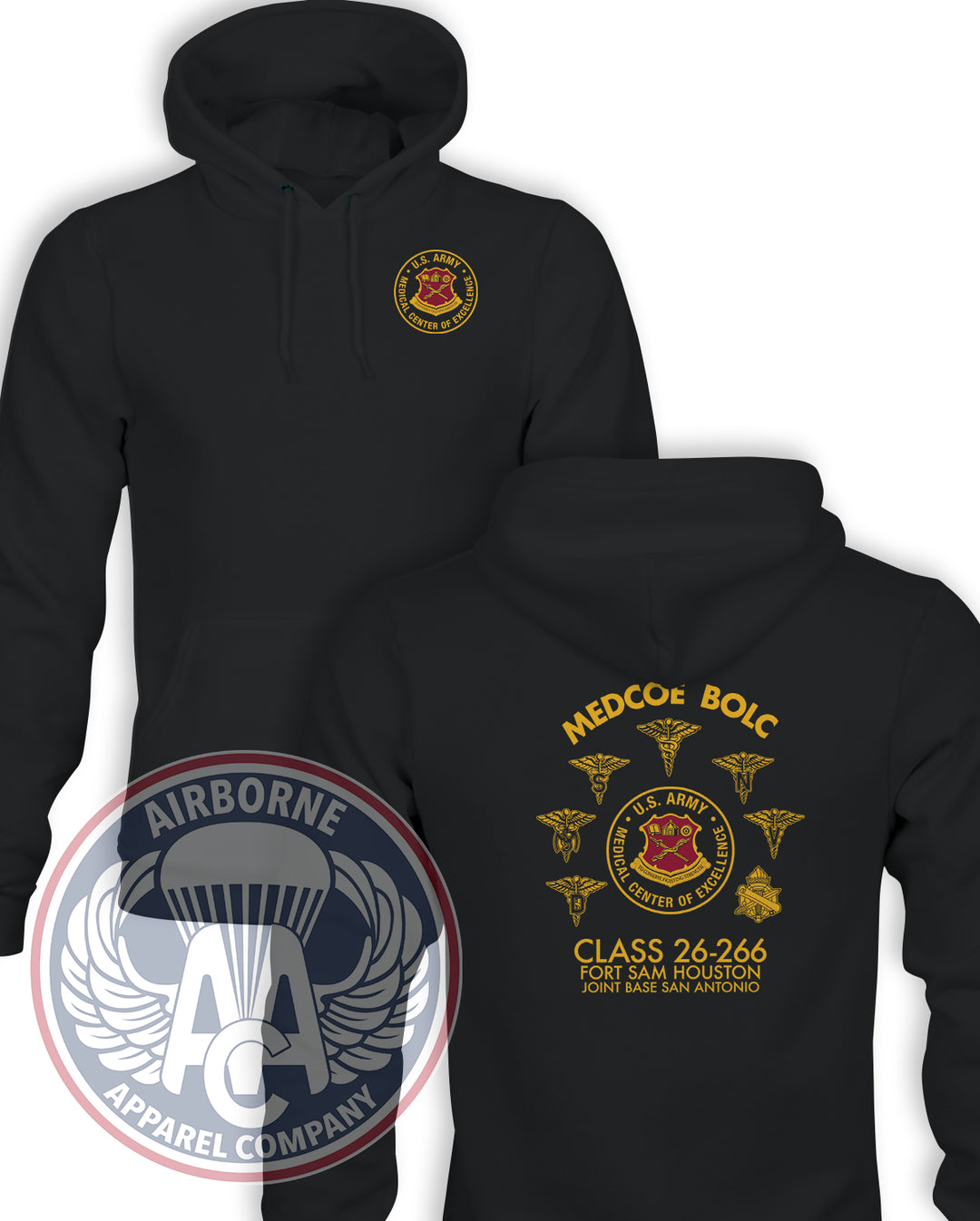 Front and back of the black U.S. Army Medical Center of Excellence BOLC Class 26-266 hoodie