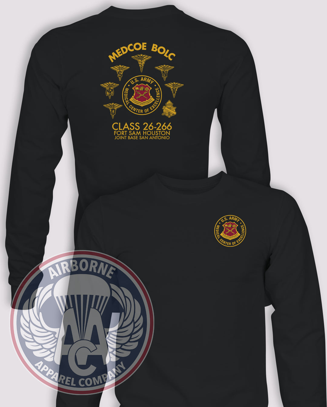 Front and back of the black U.S. Army Medical Center of Excellence BOLC Class 26-266 long sleeve T-shirt