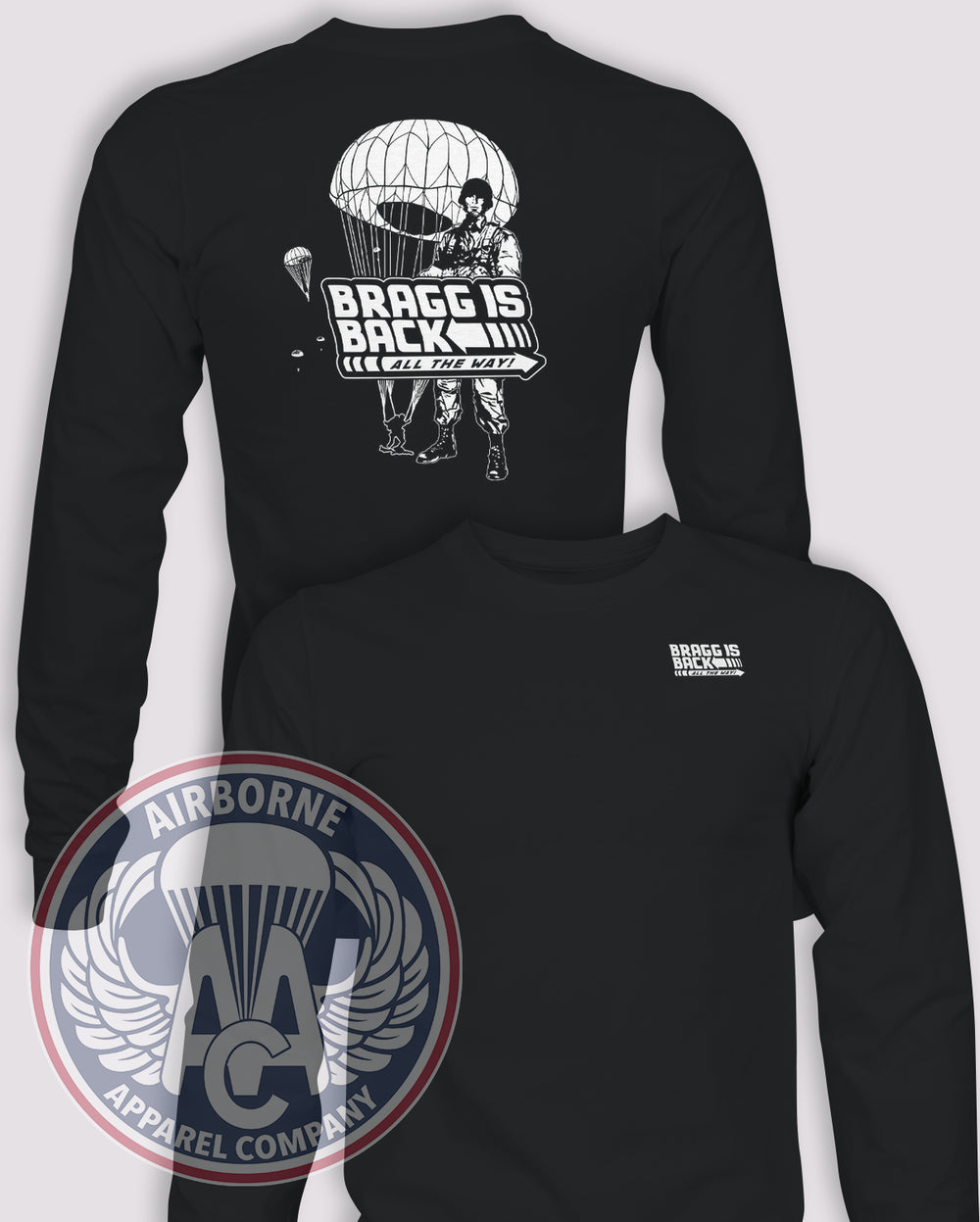 Bragg is Back Long-Sleeve T-Shirt, Black, front and back views