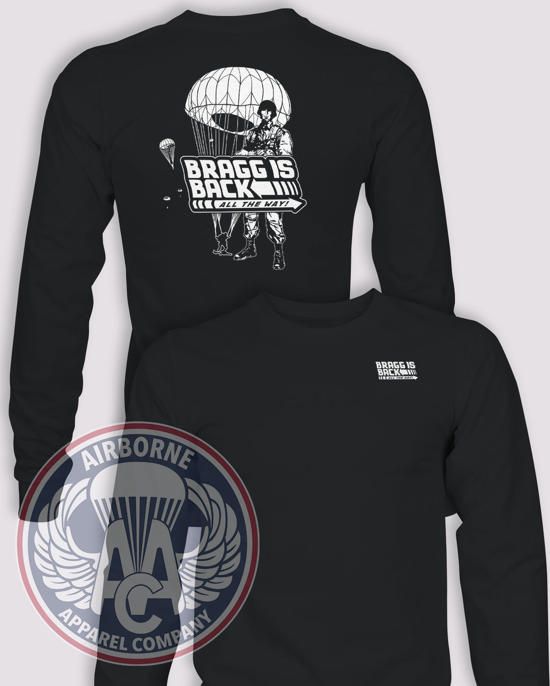Bragg is Back Long-Sleeve T-Shirt, Black, front and back views