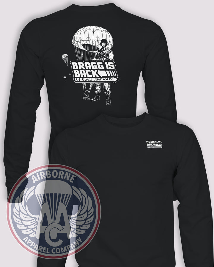 Bragg is Back Long-Sleeve T-Shirt, Black, front and back views