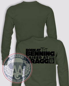 Born at Benning Raised at Bragg Long-Sleeve T-Shirt, OD Green, front graphic and blank back; unprinted sleeves
