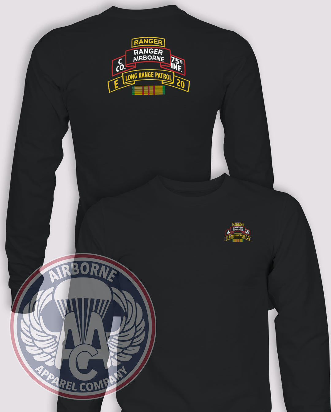 Eco 20th Inf / Cco 75th Inf (LRS) (ABN) Long-Sleeve T-Shirt, Black, front and back views