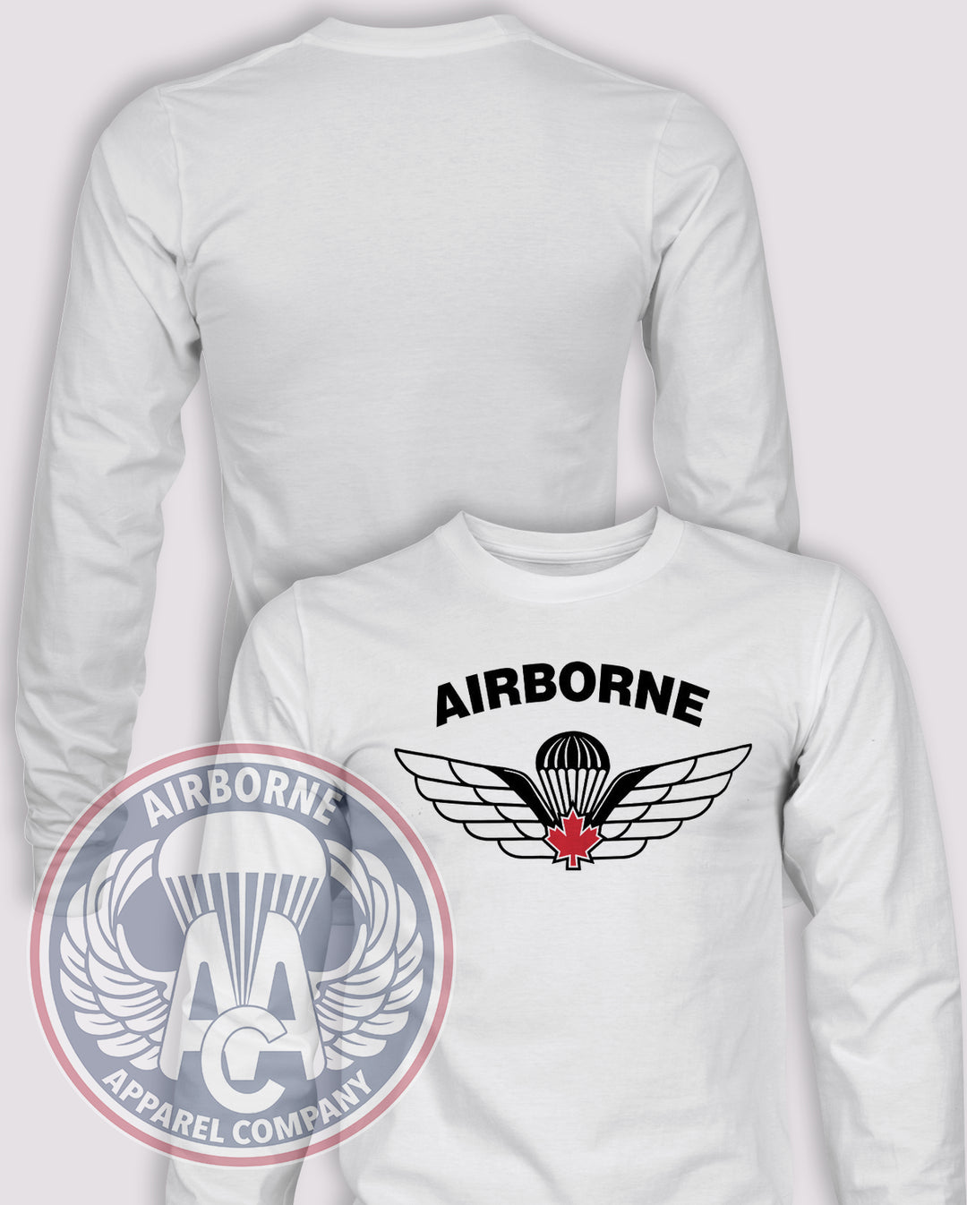 Canadian Airborne Long Sleeve T-shirt – White – CANAD-001B; front print, blank back and sleeves