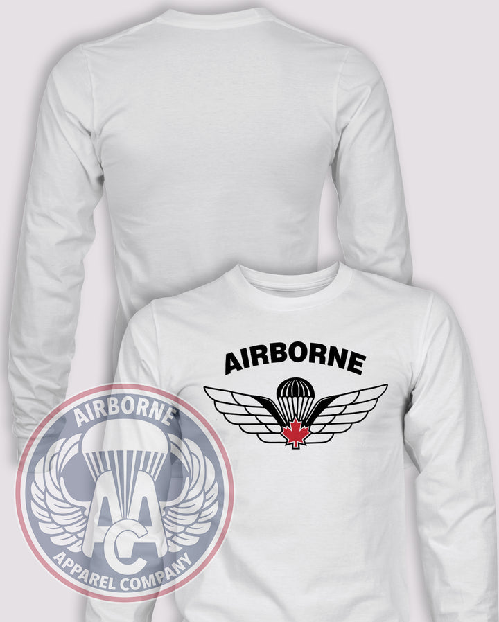 Canadian Airborne Long Sleeve T-shirt – White – CANAD-001B; front print, blank back and sleeves