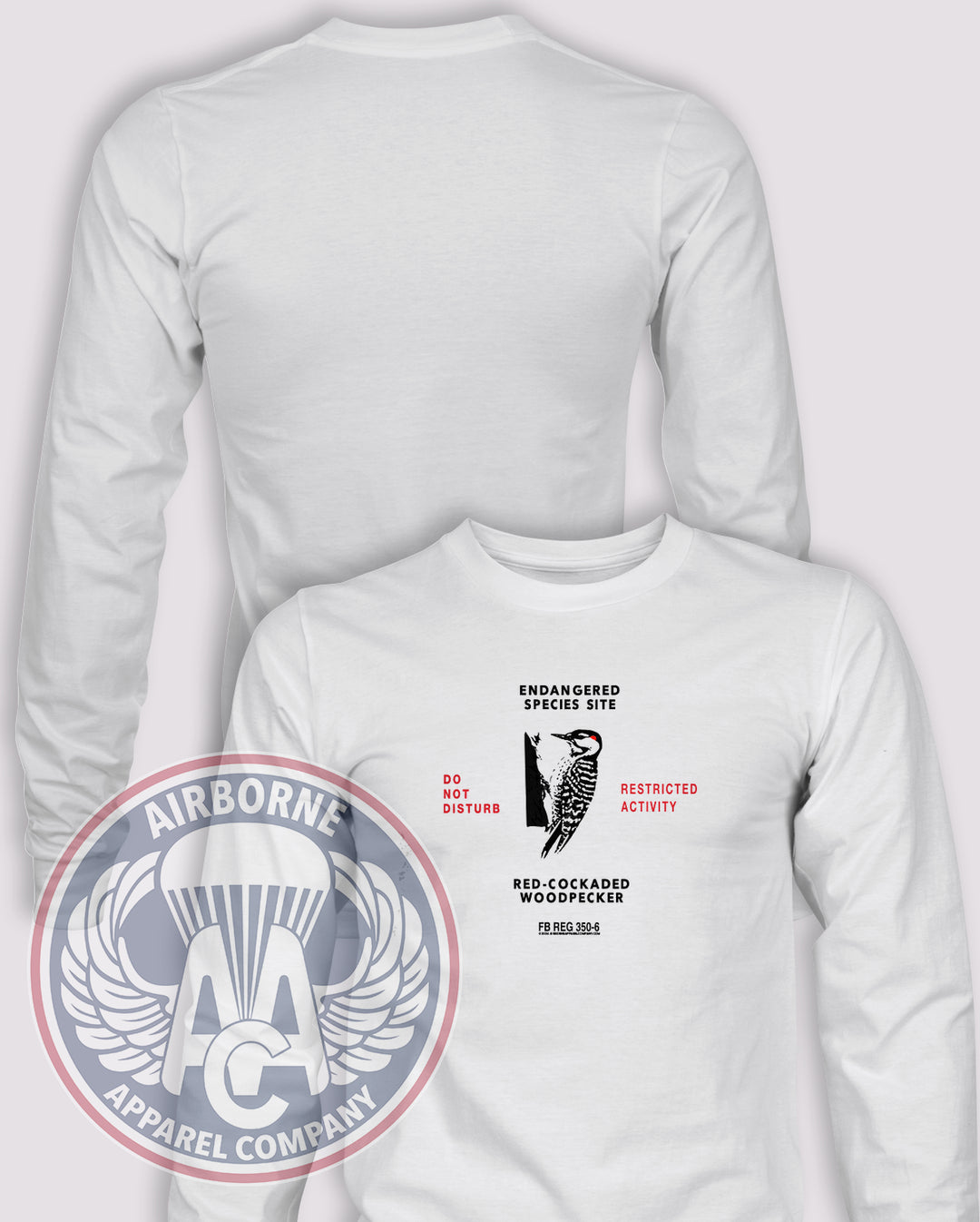 Red-cockaded Woodpecker FB REG 350-6 Training Area Long Sleeve T-shirt – White – FB350-001; front print, blank back and sleeves