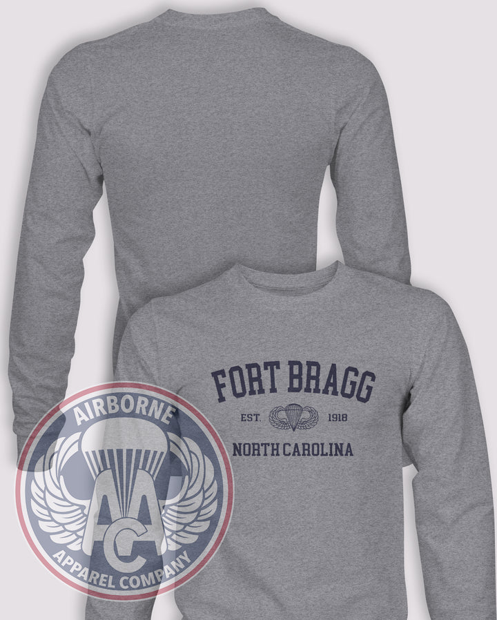 Fort Bragg Varsity Long Sleeve T-shirt in Heather Grey, front design with blank back and sleeves.