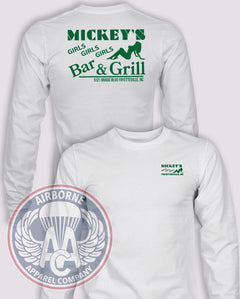 Mickey’s Bar & Grill Long-Sleeve T-Shirt, White, front and back views