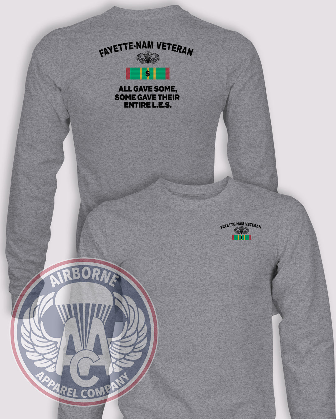 Fayette’Nam Veteran Long-Sleeve T-Shirt, Heather Grey, front and back views