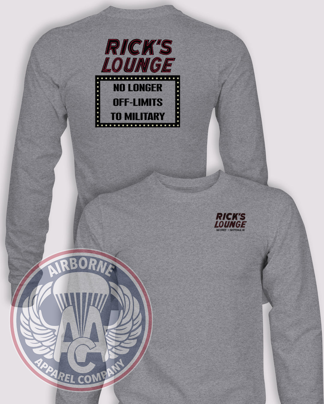 Rick’s Lounge Tribute Long-Sleeve T-Shirt, Heather Grey, front and back views