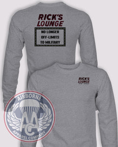 Rick’s Lounge Tribute Long-Sleeve T-Shirt, Heather Grey, front and back views