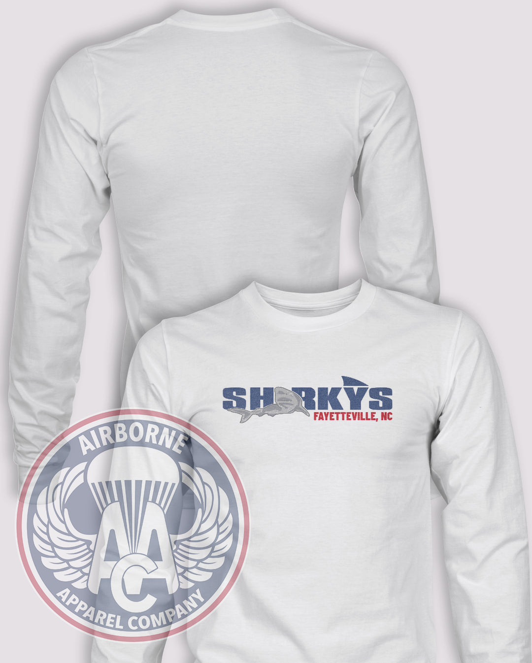 Sharkys Tribute Long-Sleeve T-Shirt, White, front graphic and blank back; unprinted sleeves