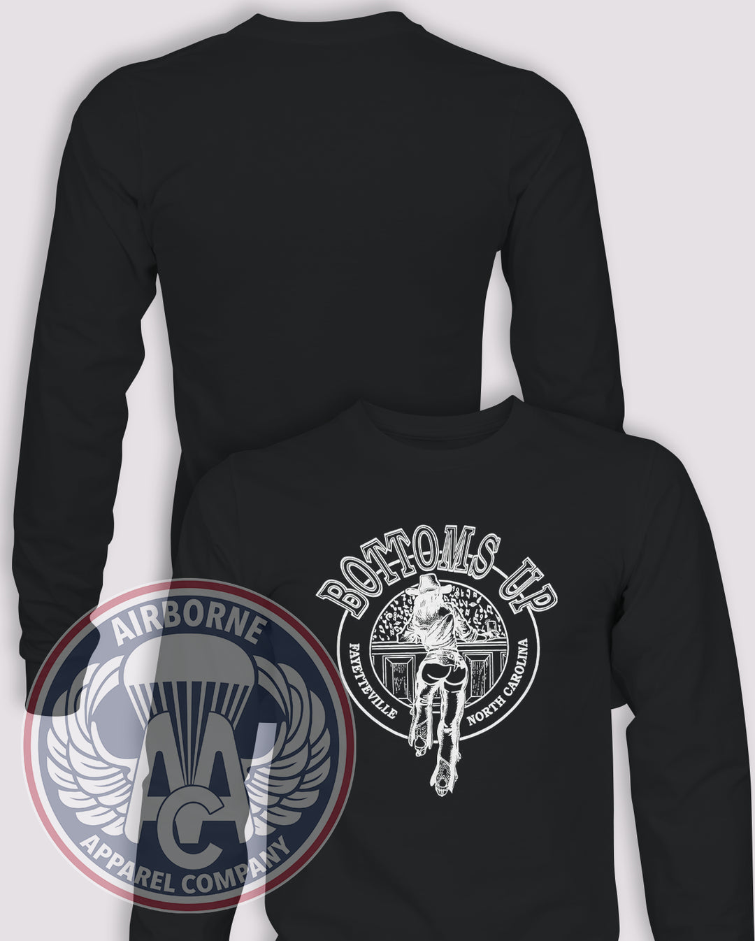 Bottoms Up Tribute Long Sleeve T-shirt in Black, front design with blank back and sleeves.