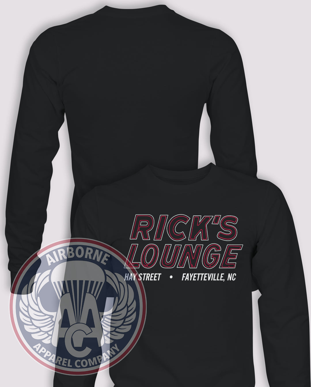 Ricks Lounge Full Frontal Long Sleeve T-shirt in Black, front design with blank back and sleeves.