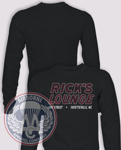 Ricks Lounge Full Frontal Long Sleeve T-shirt in Black, front design with blank back and sleeves.