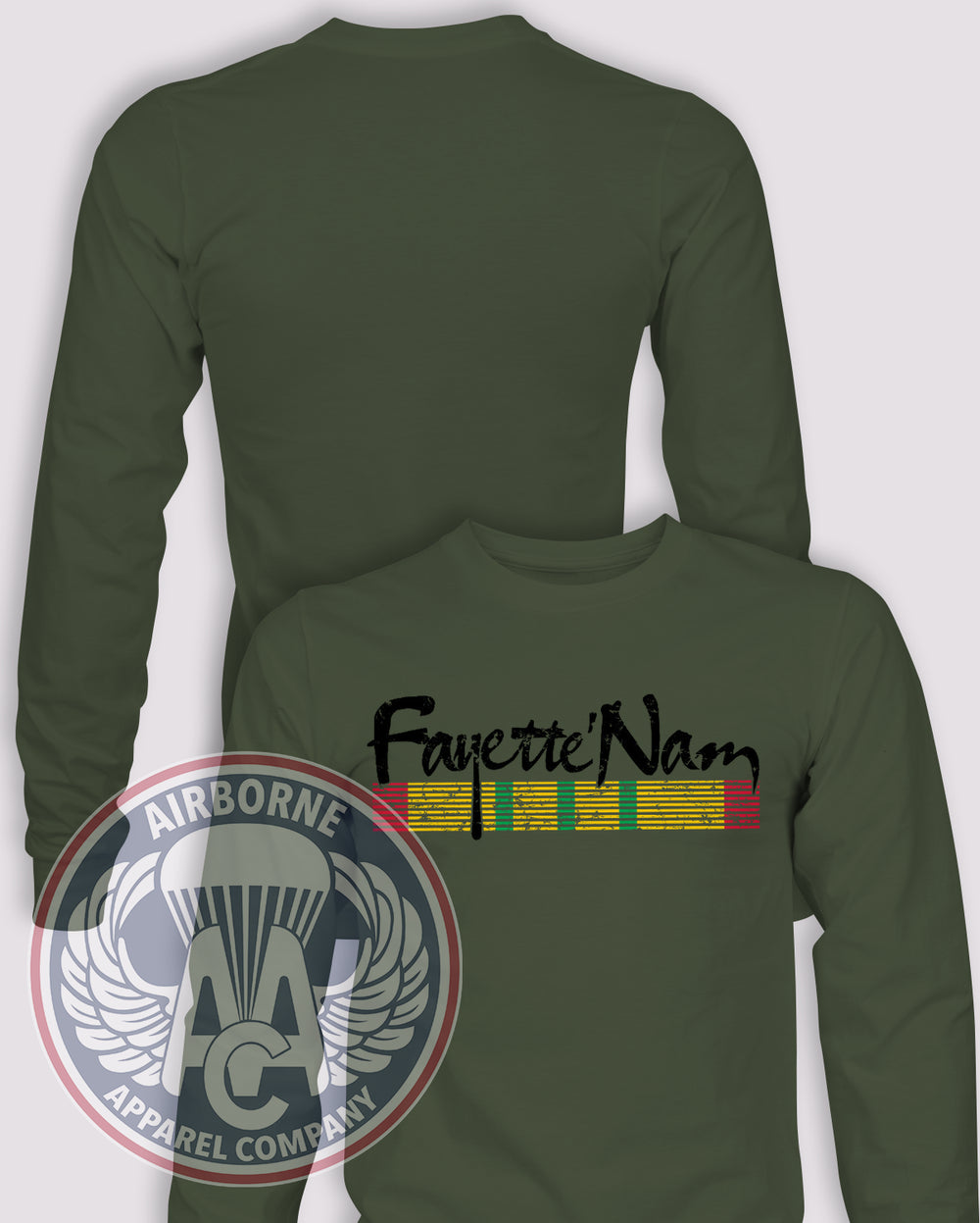 FayetteNam 2025 Long Sleeve T-shirt in OD Green, front design with blank back and sleeves.