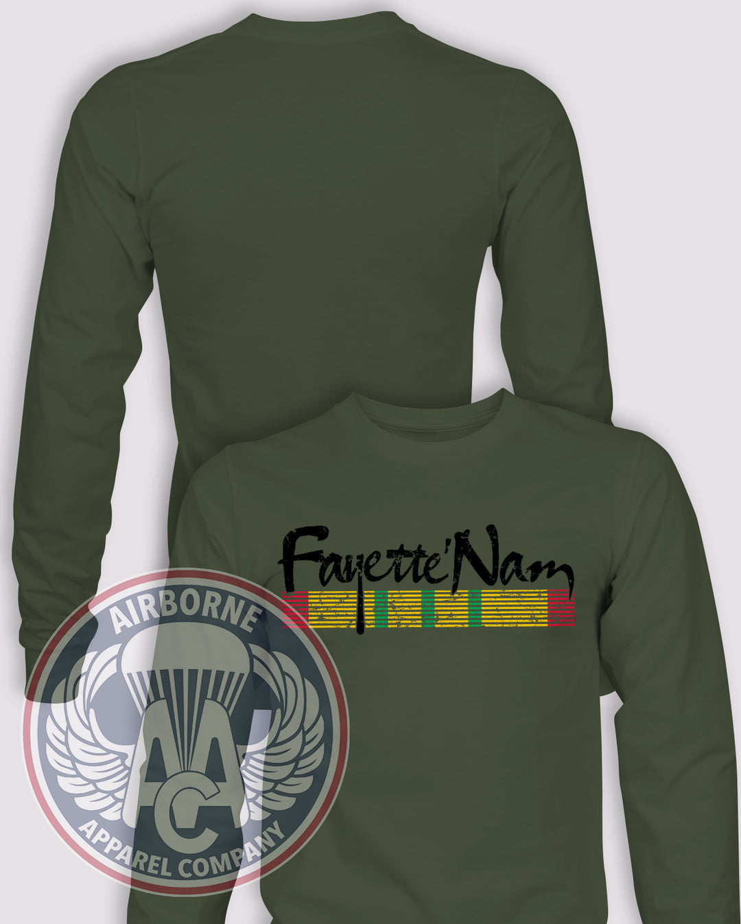 FayetteNam 2025 Long Sleeve T-shirt in OD Green, front design with blank back and sleeves.