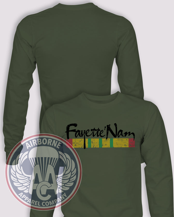 FayetteNam 2025 Long Sleeve T-shirt in OD Green, front design with blank back and sleeves.