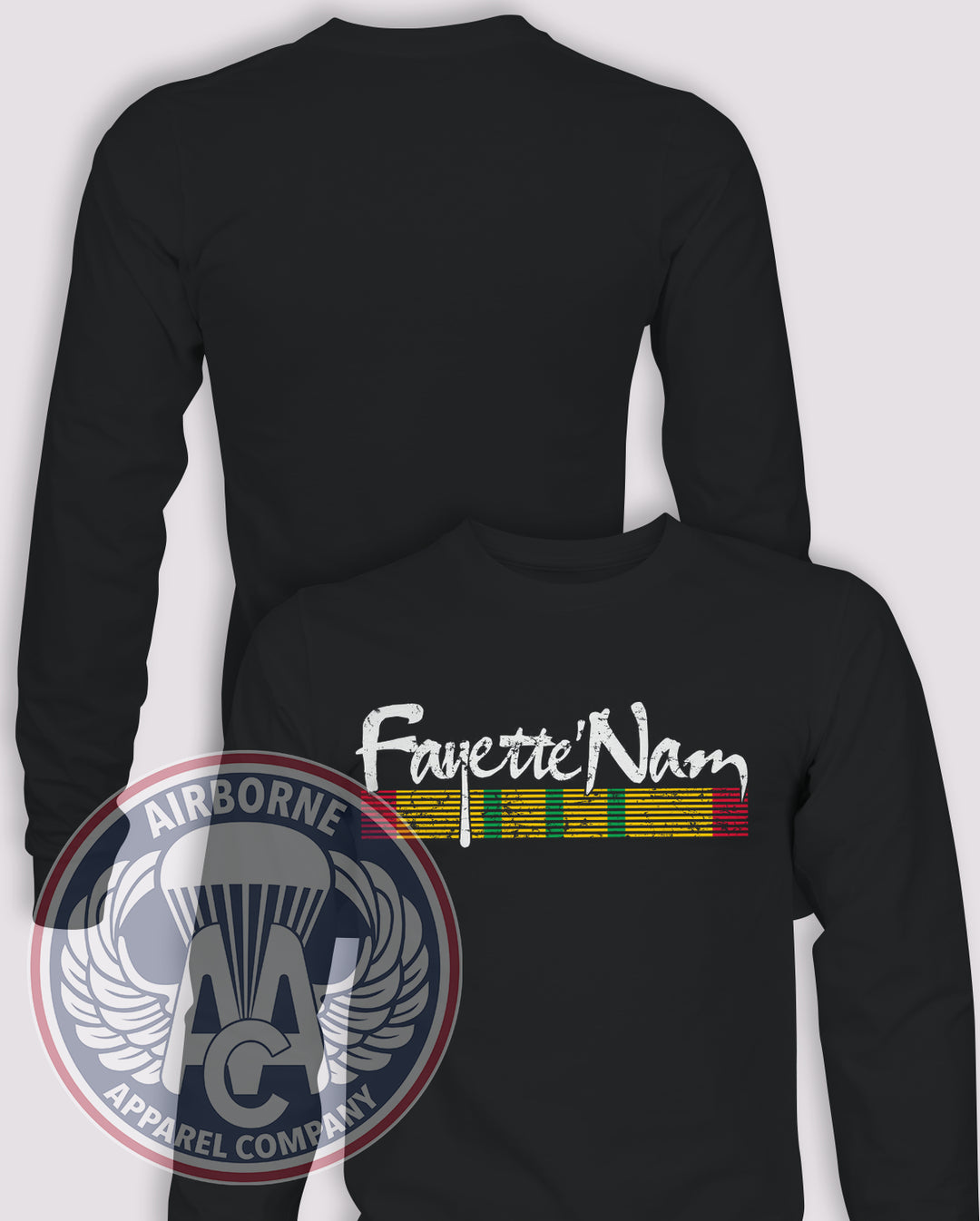 FayetteNam 2025 Long Sleeve T-shirt in Black, front design with blank back and sleeves.
