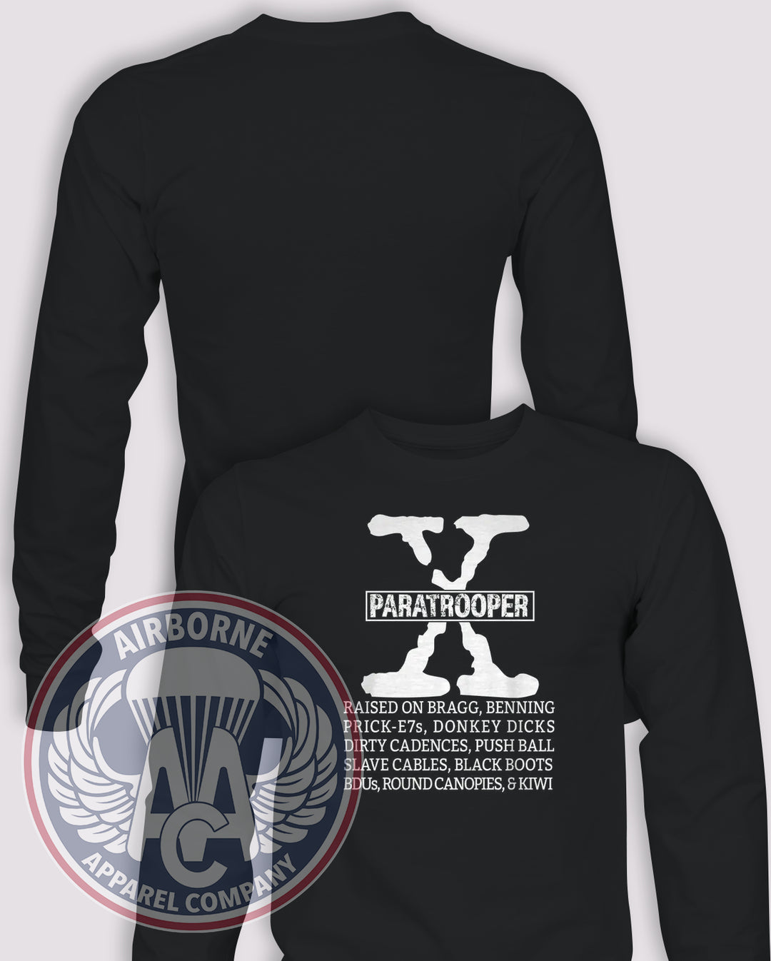 GenX Paratrooper Long Sleeve T-shirt in Black, front design with blank back and sleeves.