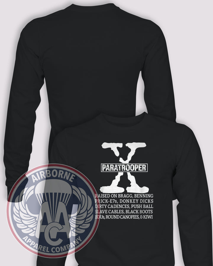 GenX Paratrooper Long Sleeve T-shirt in Black, front design with blank back and sleeves.