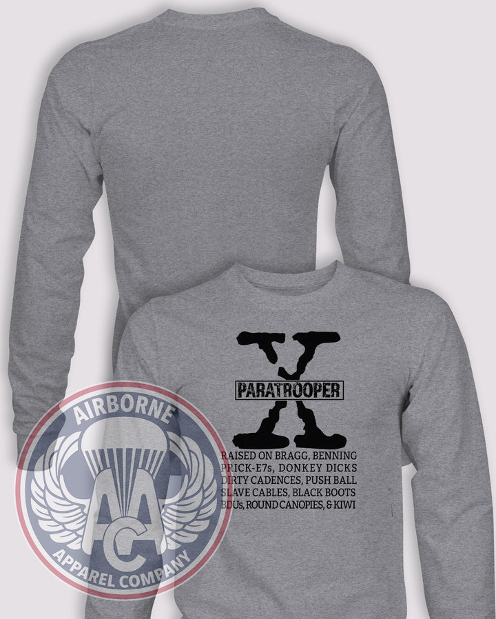 GenX Paratrooper Long Sleeve T-shirt in Heather Grey, front design with blank back and sleeves.