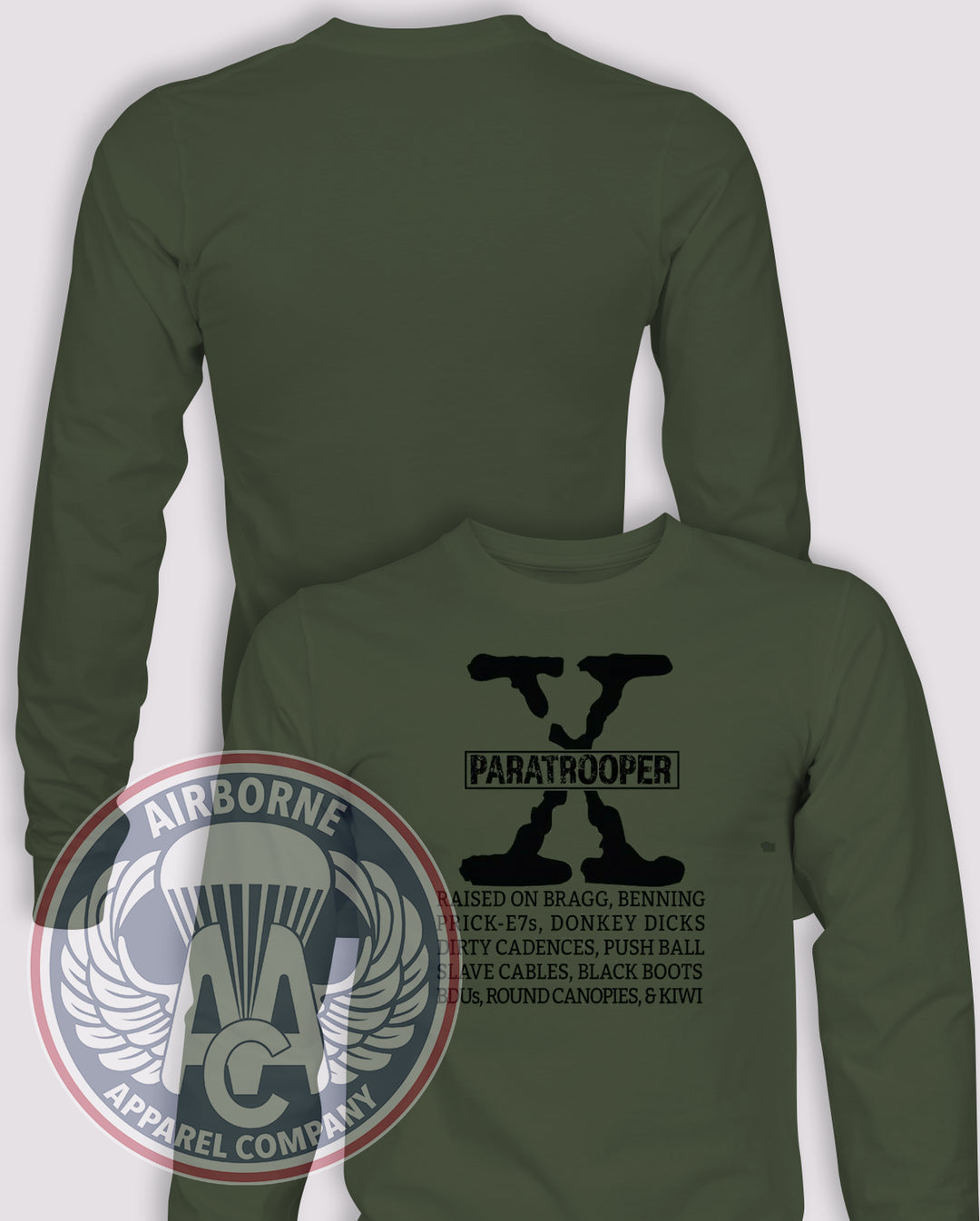 GenX Paratrooper Long Sleeve T-shirt in OD Green, front design with blank back and sleeves.