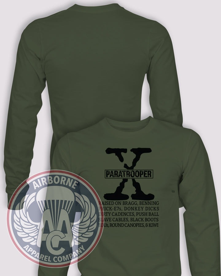 GenX Paratrooper Long Sleeve T-shirt in OD Green, front design with blank back and sleeves.