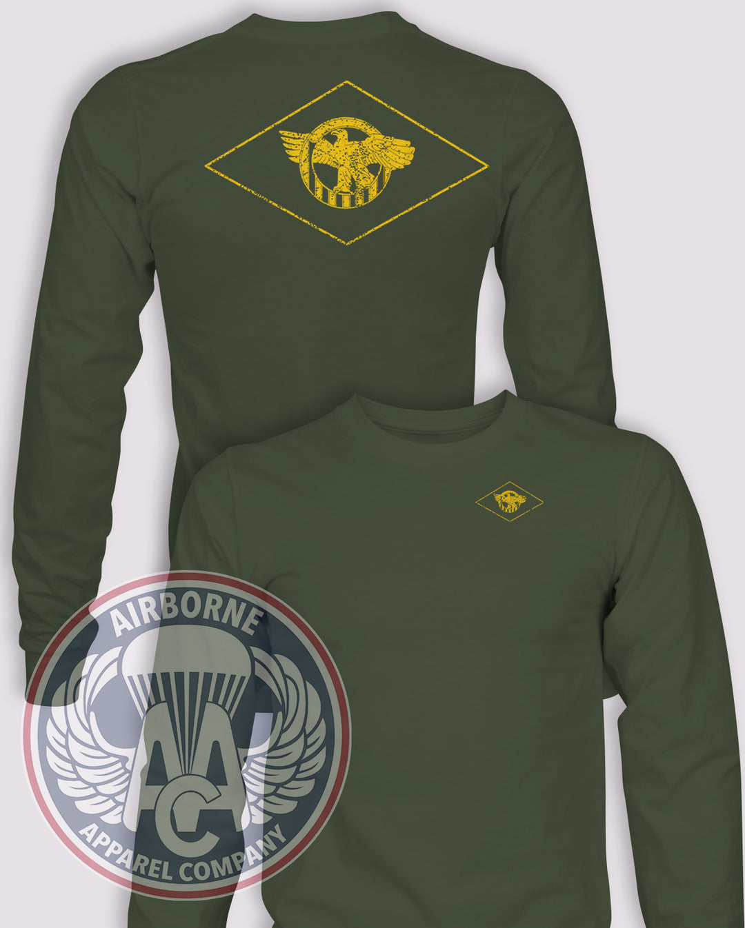 WWII "Ruptured Duck" Honorable Discharge Emblem Long-Sleeve T-Shirt, OD Green, front and back views