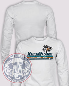 Uphold Democracy Haitian Vacation Long Sleeve T-shirt in White, front design with blank back and sleeves.