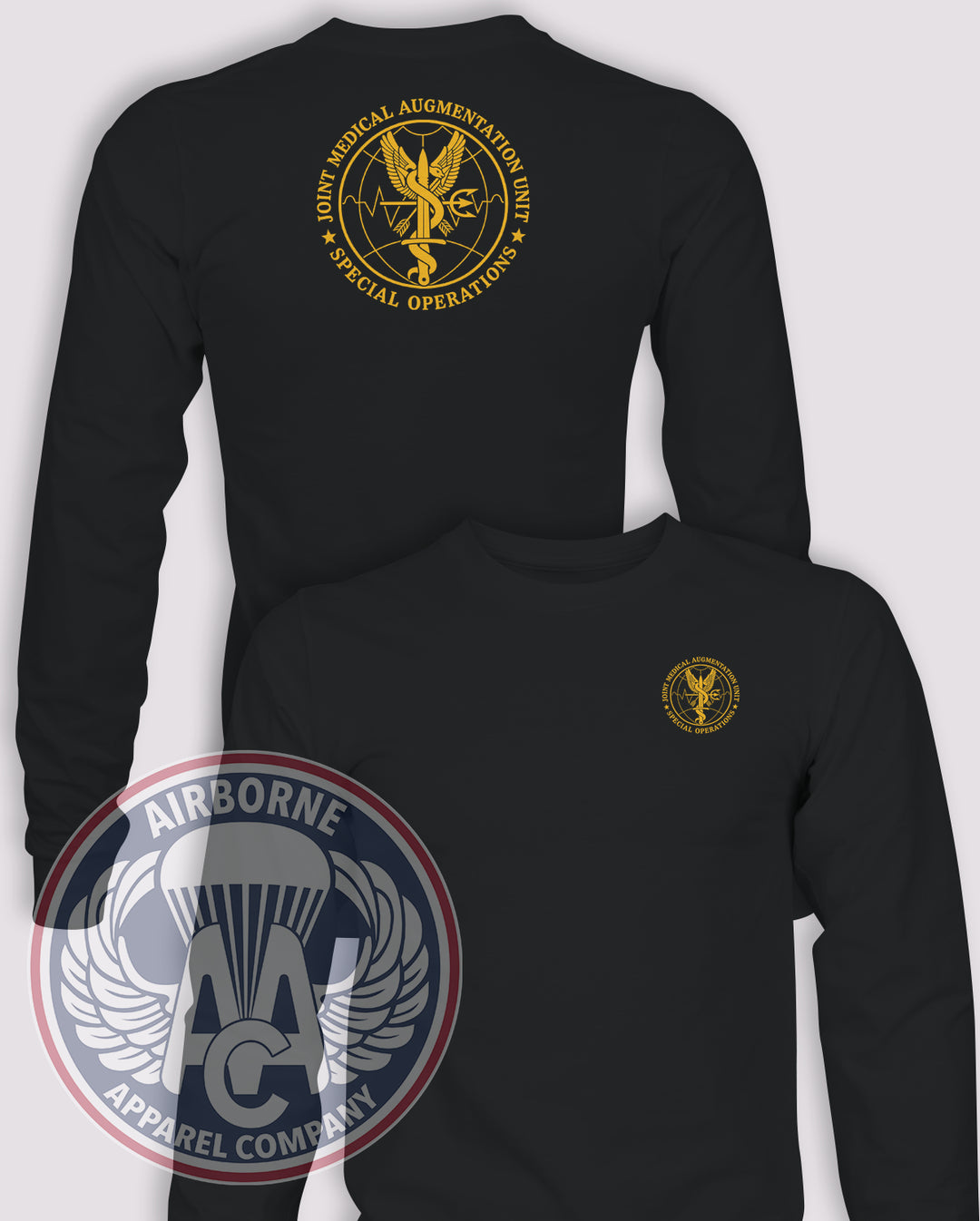 Joint Medical Augmentation Unit Long-Sleeve T-Shirt, Black, front and back views
