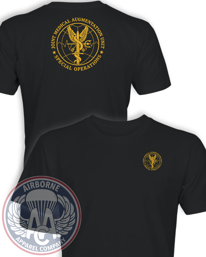 Joint Medical Augmentation Unit T-shirt in Black, front and back views