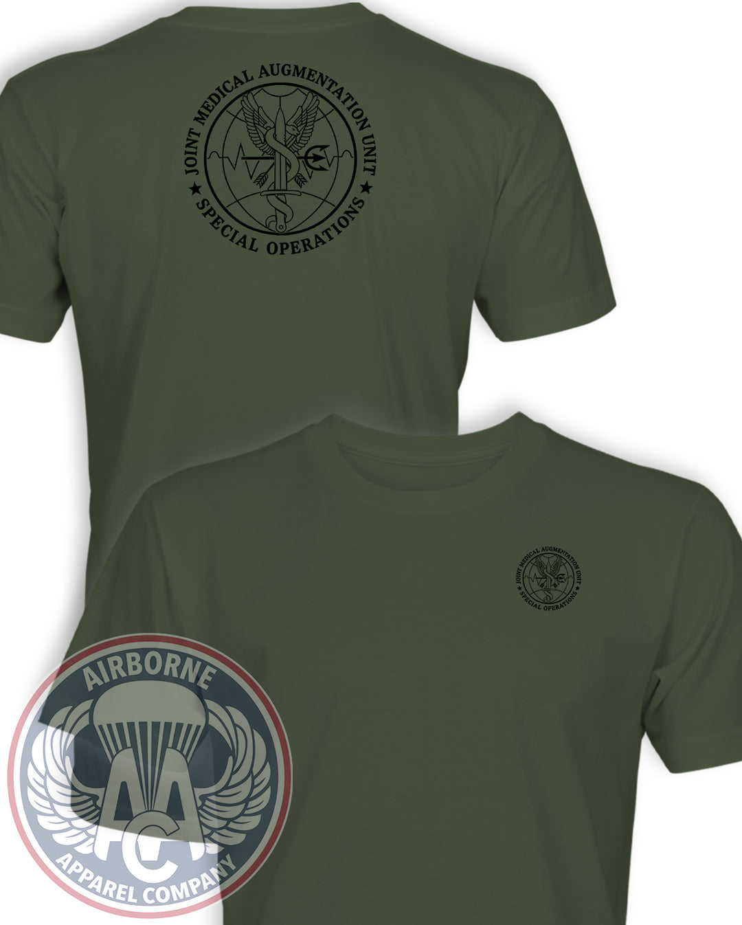 Joint Medical Augmentation Unit T-shirt in Olive Drab, front and back views