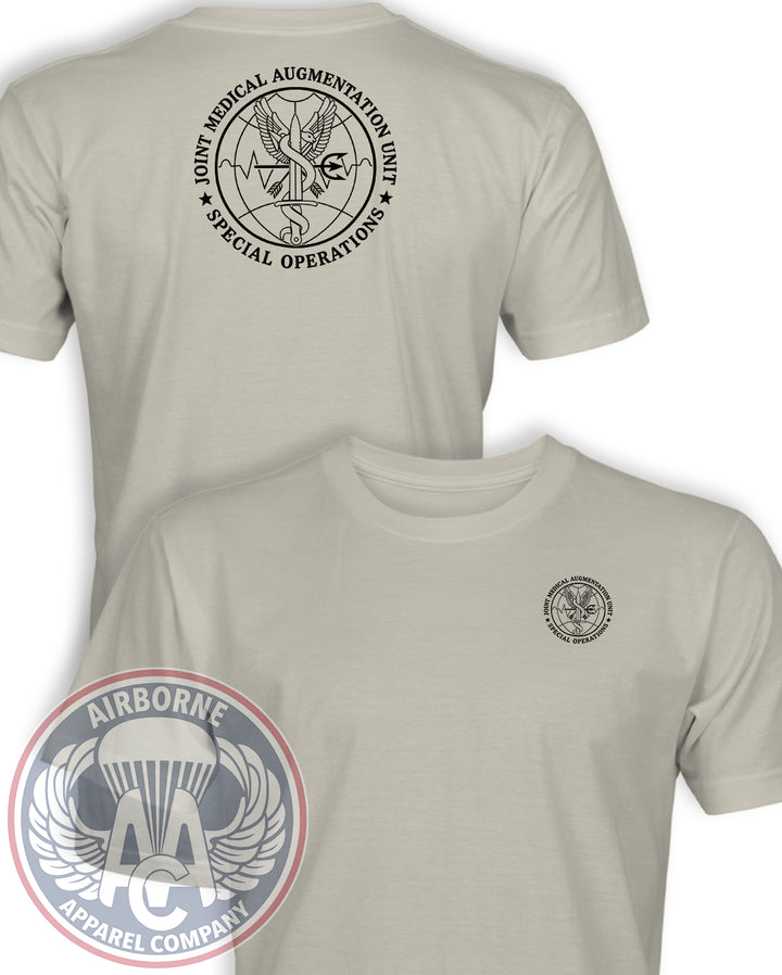 Joint Medical Augmentation Unit T-shirt in Sand, front and back views