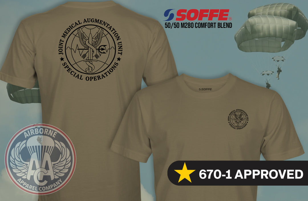 Joint Medical Augmentation Unit T-shirt in 670-1 Coyote Brown (Tan 499), front and back views