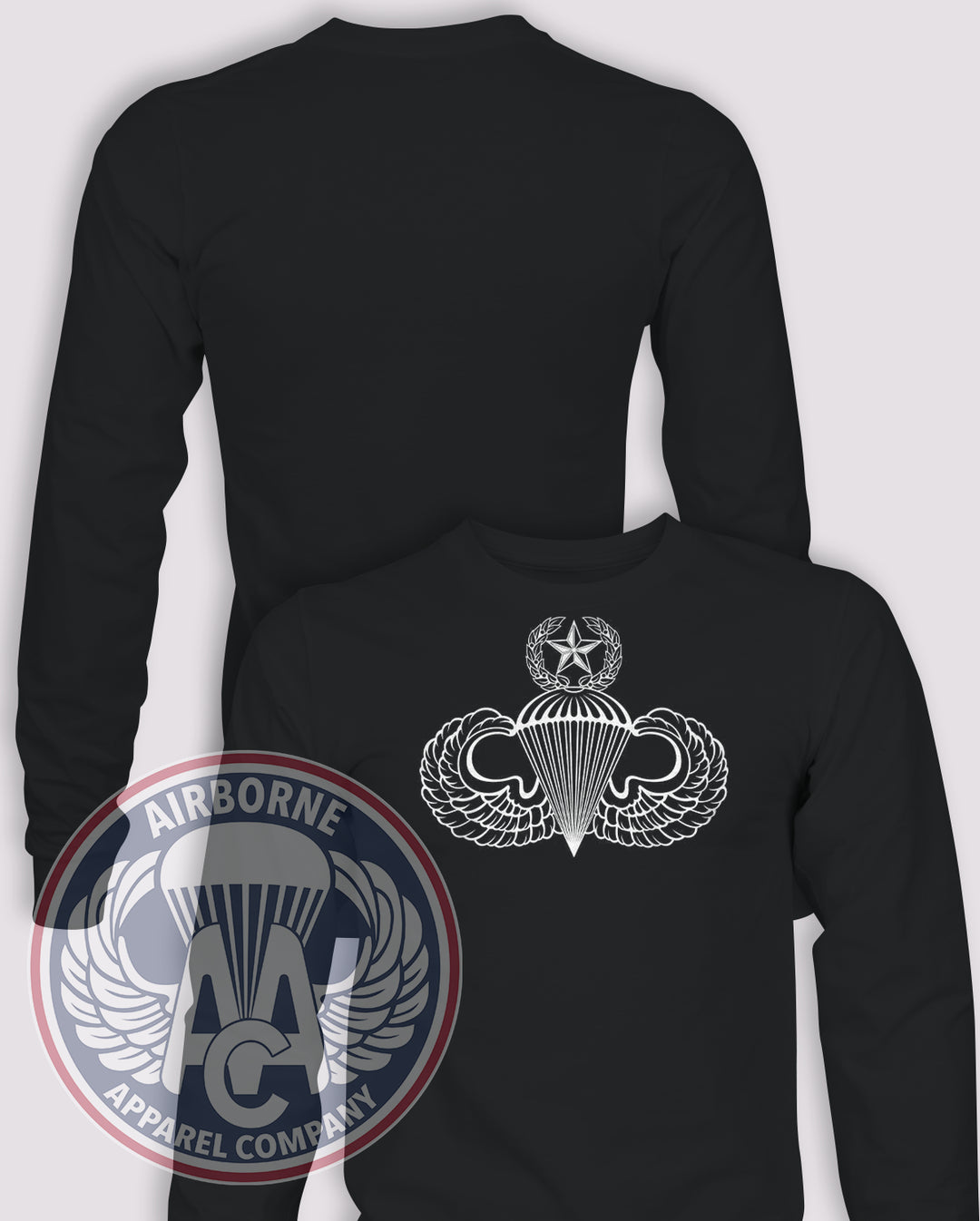 Jumpmaster Wings Black Long Sleeve T-shirt in Black, front design with blank back and sleeves.