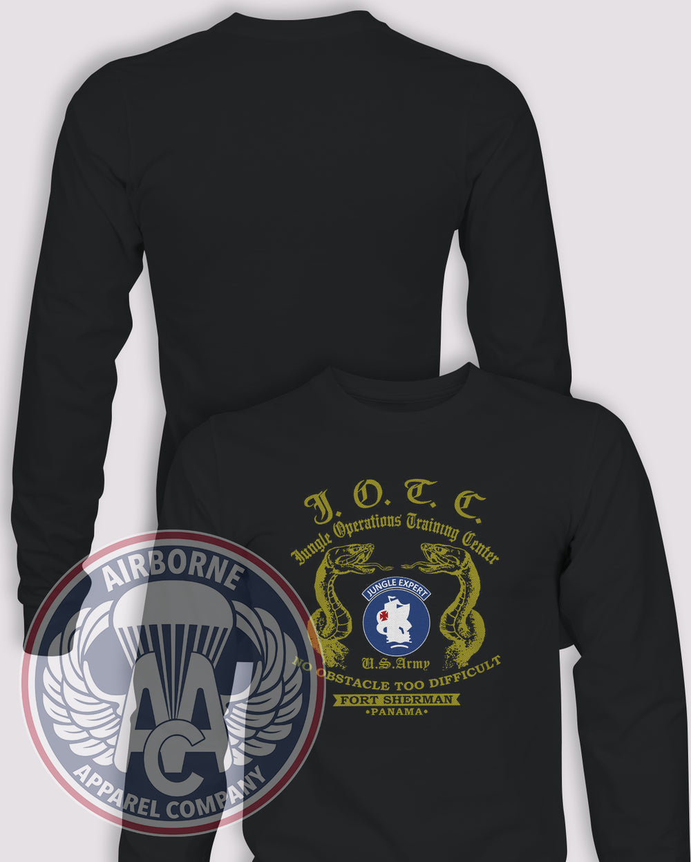 JOTC Jungle Expert Reproduction Long Sleeve T-shirt – Black – JOTC-001BK; front print, blank back and sleeves