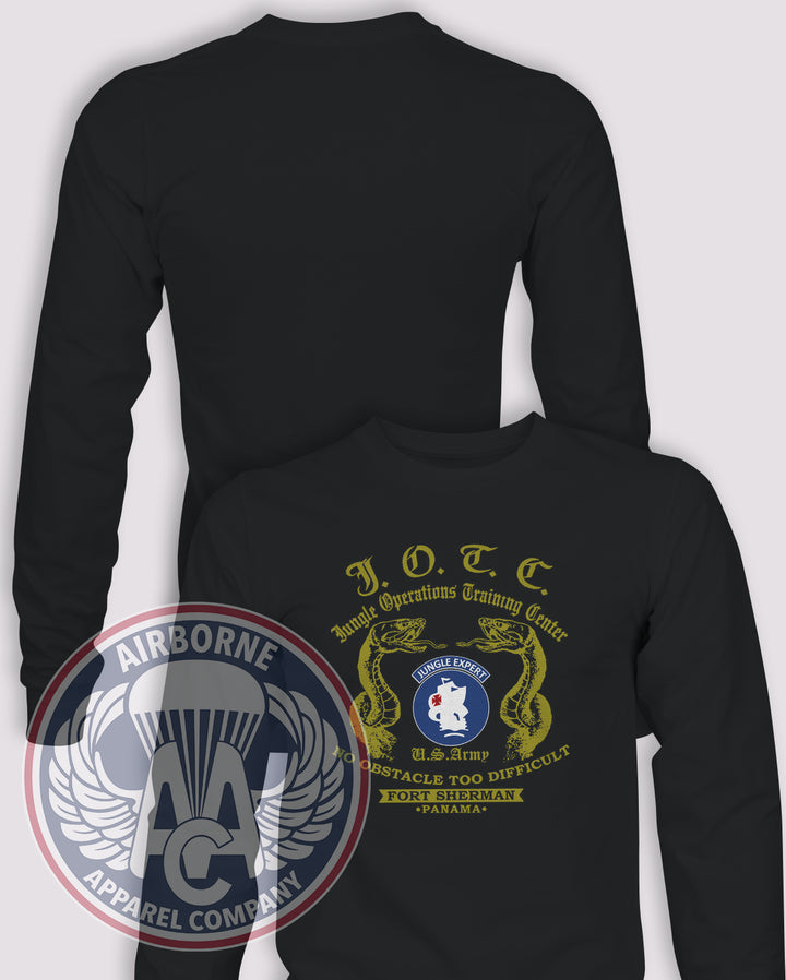 JOTC Jungle Expert Reproduction Long Sleeve T-shirt – Black – JOTC-001BK; front print, blank back and sleeves