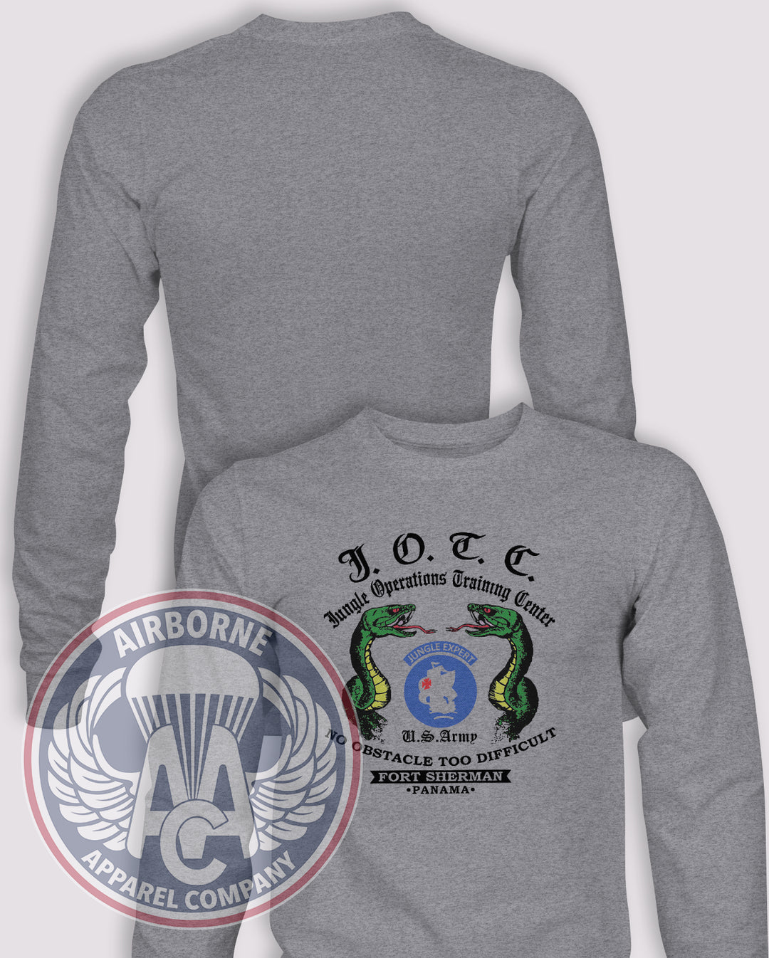 JOTC Jungle Expert Reproduction Long Sleeve T-shirt – Heather Grey – JOTC-001WT; front print, blank back and sleeves