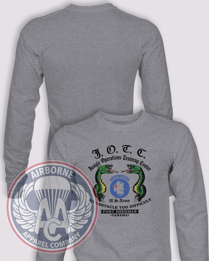 JOTC Jungle Expert Reproduction Long Sleeve T-shirt – Heather Grey – JOTC-001WT; front print, blank back and sleeves
