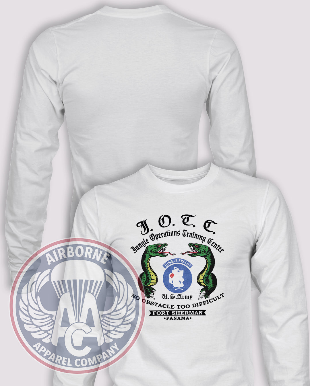 JOTC Jungle Expert Reproduction Long Sleeve T-shirt – White – JOTC-001WT; front print, blank back and sleeves