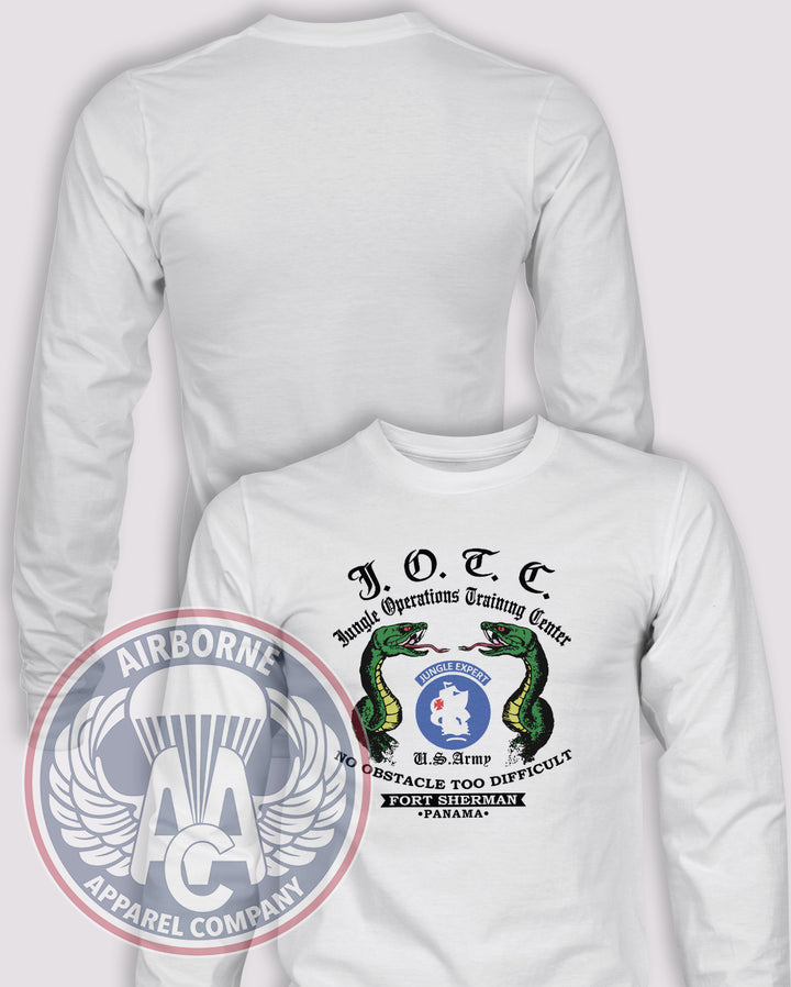 JOTC Jungle Expert Reproduction Long Sleeve T-shirt – White – JOTC-001WT; front print, blank back and sleeves
