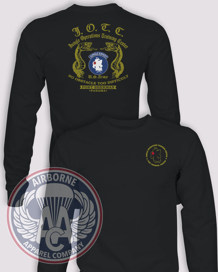 Fort Sherman • Jungle Operations Training Center Long-Sleeve T-Shirt, Black, front and back views