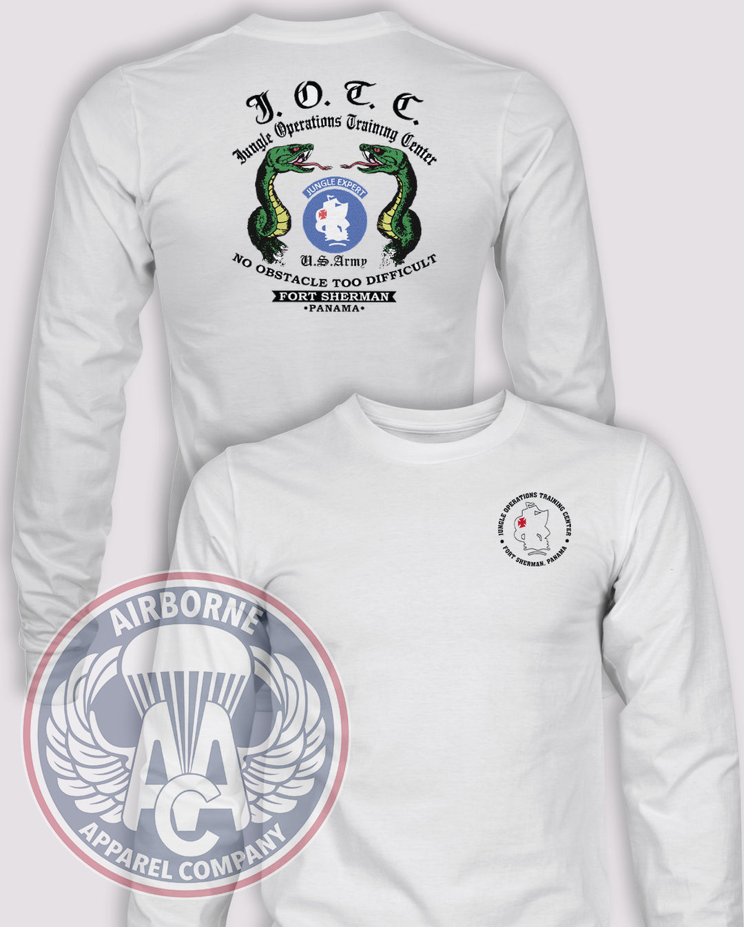 Fort Sherman • Jungle Operations Training Center Long-Sleeve T-Shirt, White, front and back views