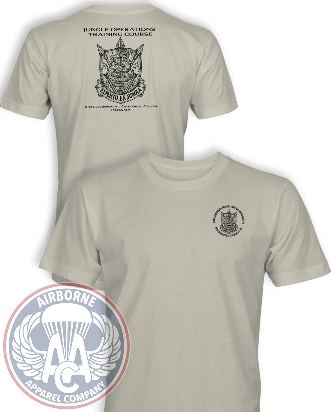 JOTC-P Panama T-shirt in Sand, front and back