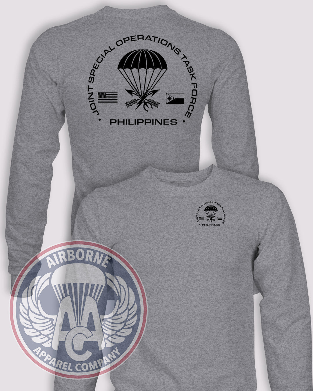 JSOTF-P Long-Sleeve T-Shirt, Heather Grey, front and back views