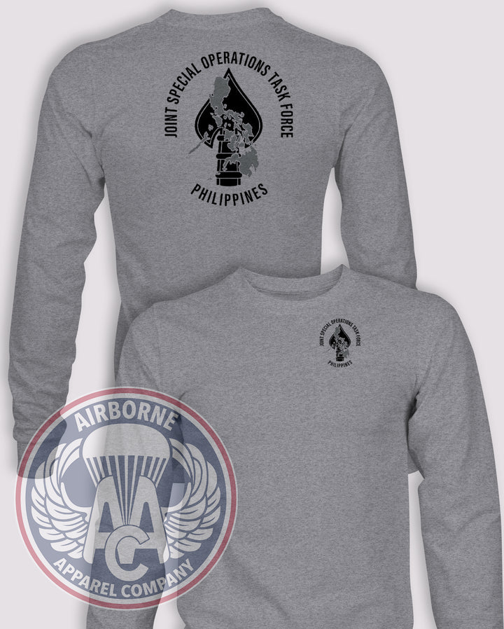 JSOTF-P Spearhead Long-Sleeve T-Shirt, Heather Grey, front and back views