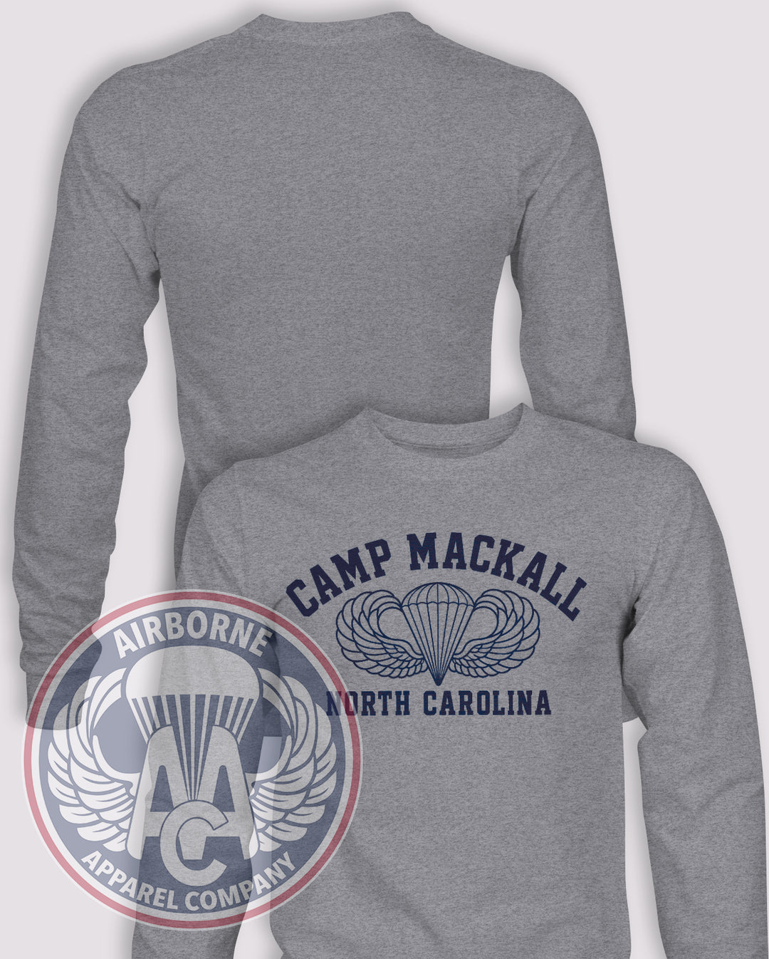 WWII Camp Mackall Reproduction Long Sleeve T-shirt in Heather Grey, front design with blank back and sleeves.