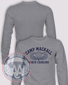 WWII Camp Mackall Reproduction Long Sleeve T-shirt in Heather Grey, front design with blank back and sleeves.